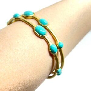 SET 2 MODERNIST GOLD TONE BANGLE BRACELETS TURQUOISE CABOCHON STONES